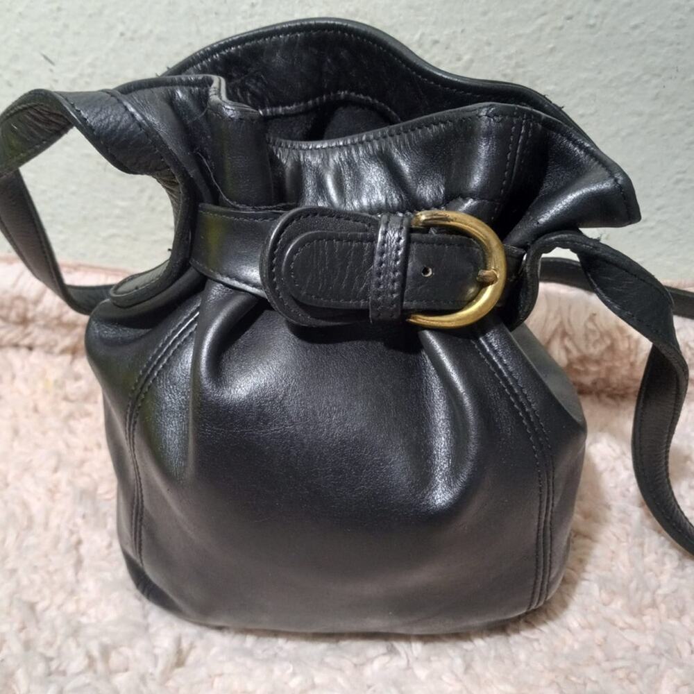 COACH 4156 Black Leather Drawstring Shoulder Bag Belted Pouch from Japan - Picture 2 of 7